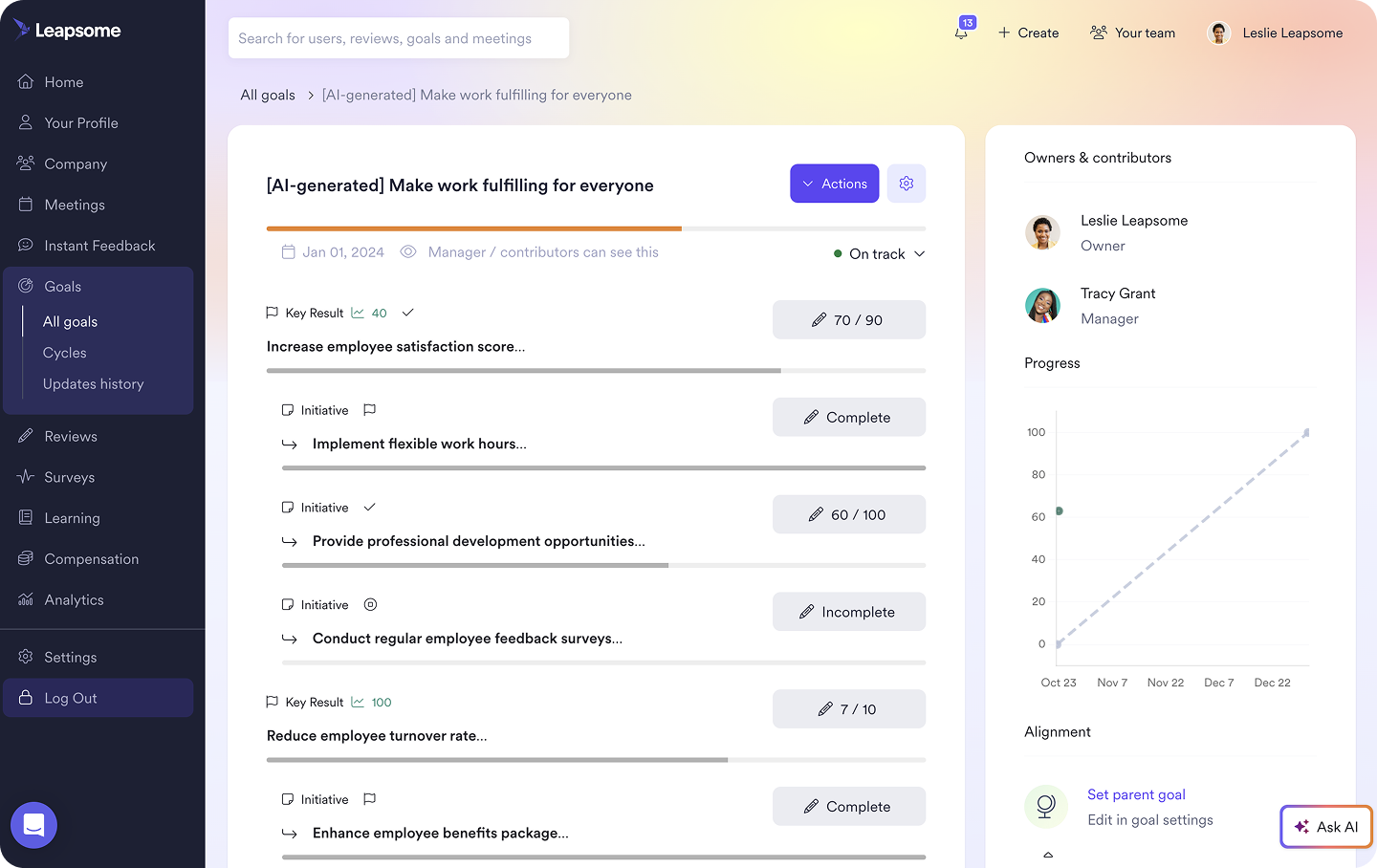 Leapsome’s Goals & OKRs dashboard, showing an AI-generated company goal with key results, progress tracking, and task owners.