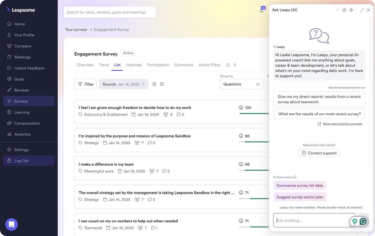Leapsome’s Engagement Survey dashboard, displaying survey results and a conversation with AI assistant Leapy.