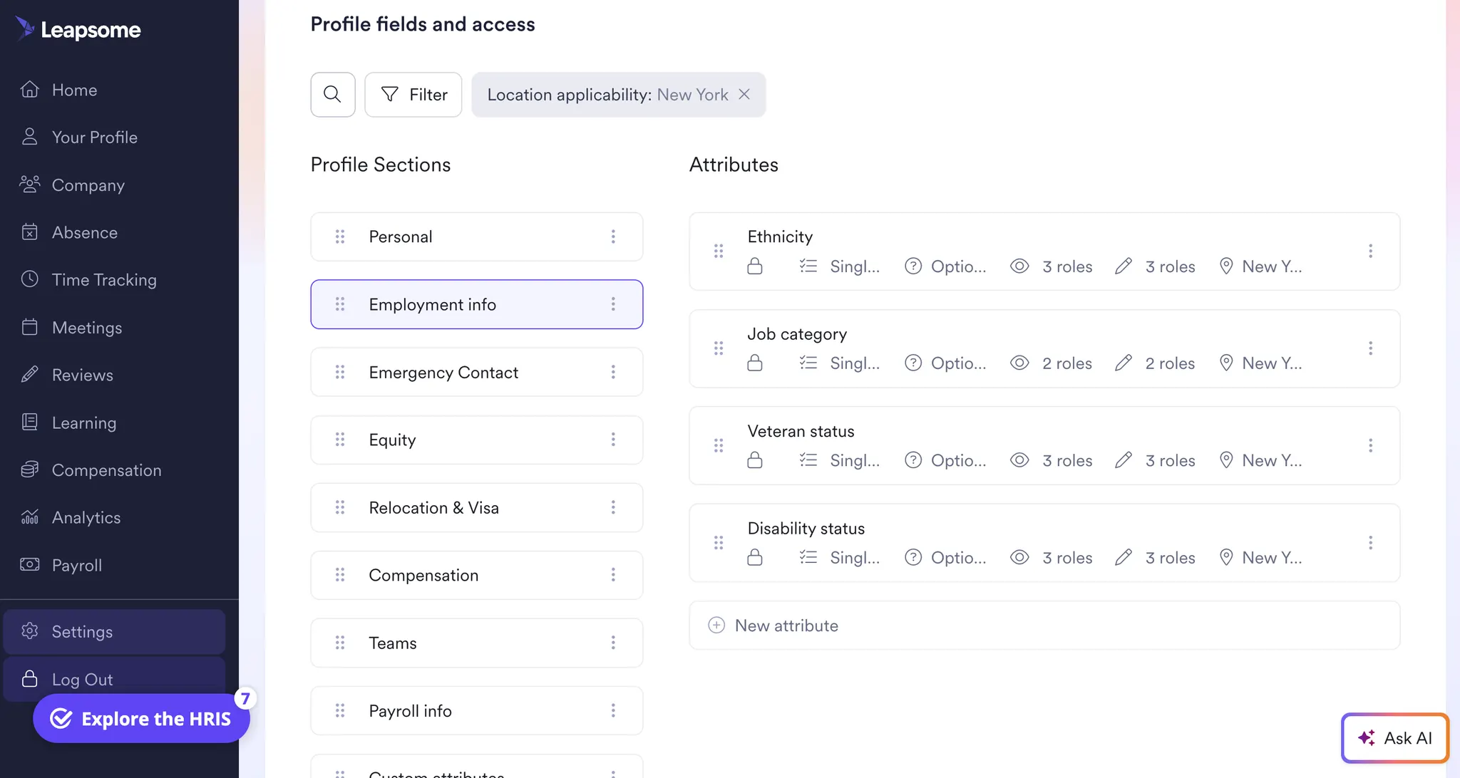 Screenshot of Leapsome’s settings page showing profile fields and access options, with sections like Employment info, Equity, and Compensation, and attributes such as Ethnicity, Job category, and Disability status.