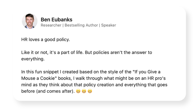 A screenshot of a LinkedIn post about HR policy by Ben Eubanks.
