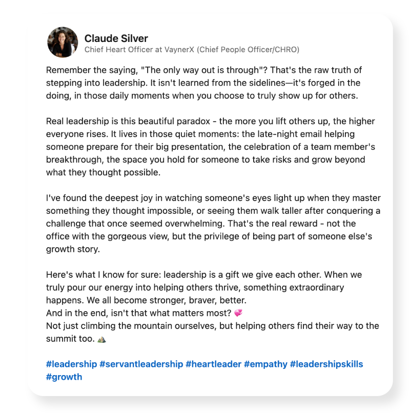 Screenshot of a LinkedIn post by Claude Silver about the truth about stepping into a leadership position.