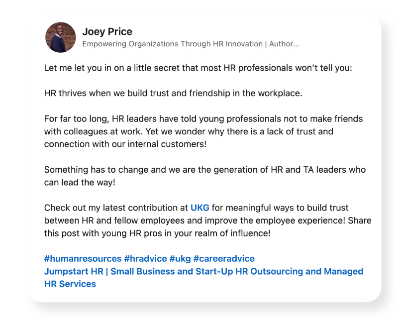 Screenshot of a post by Joey Price about building trust and friendship in the workplace.