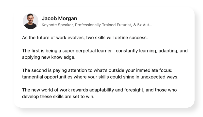 Screenshot of a LinkedIn post by Jacob Morgan about the skills that will define success as the future of work evolves.