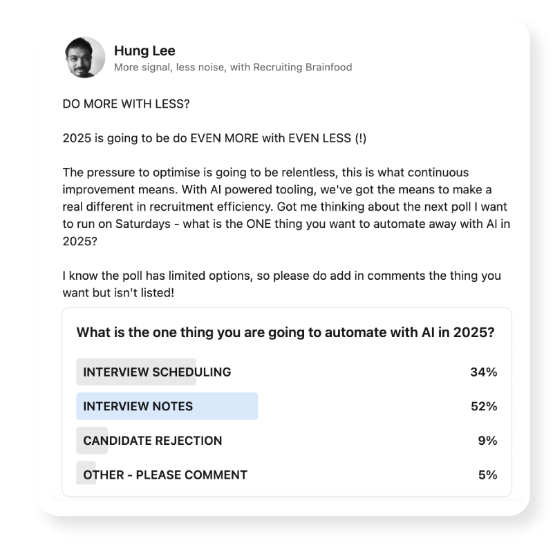 Screenshot of a LinkedIn post by Hung Lee talking about why HR leaders should use AI to do more with less in 2025.