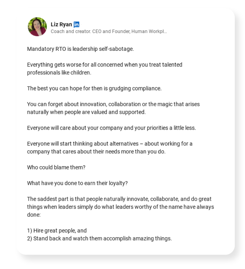 Screenshot of a LinkedIn post by Liz Ryan about mandatory RTO.