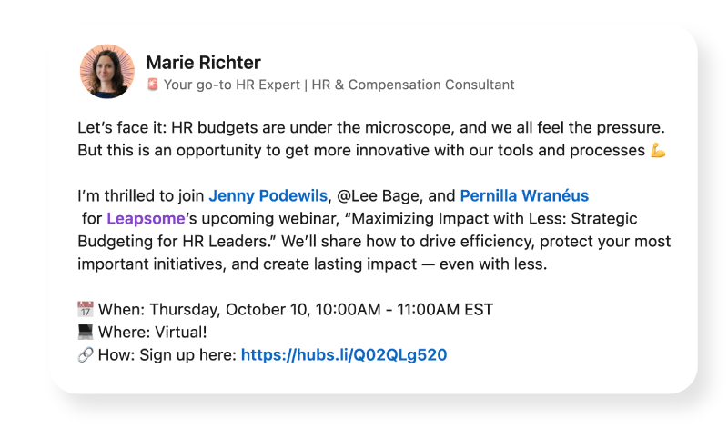 Screenshot of a LinkedIn post by Marie Richter about an upcoming webinar on HR budgets.