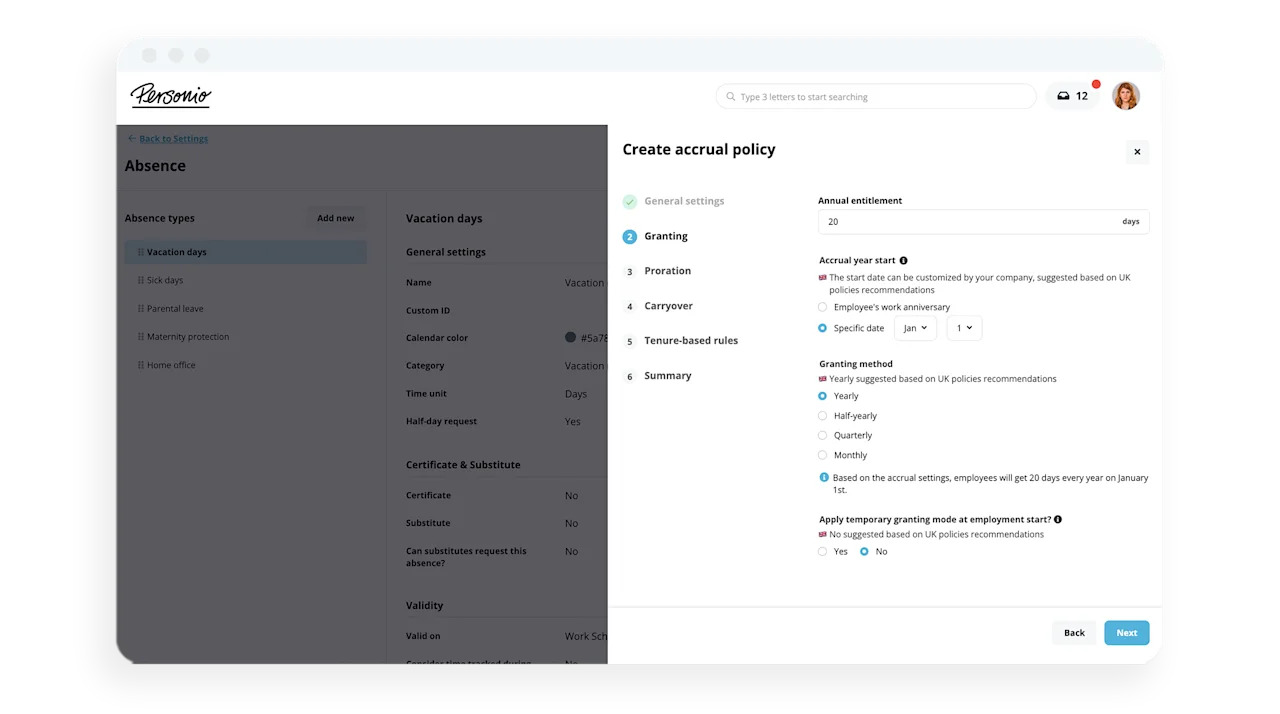 A screenshot of a Personio accrual policy interface.