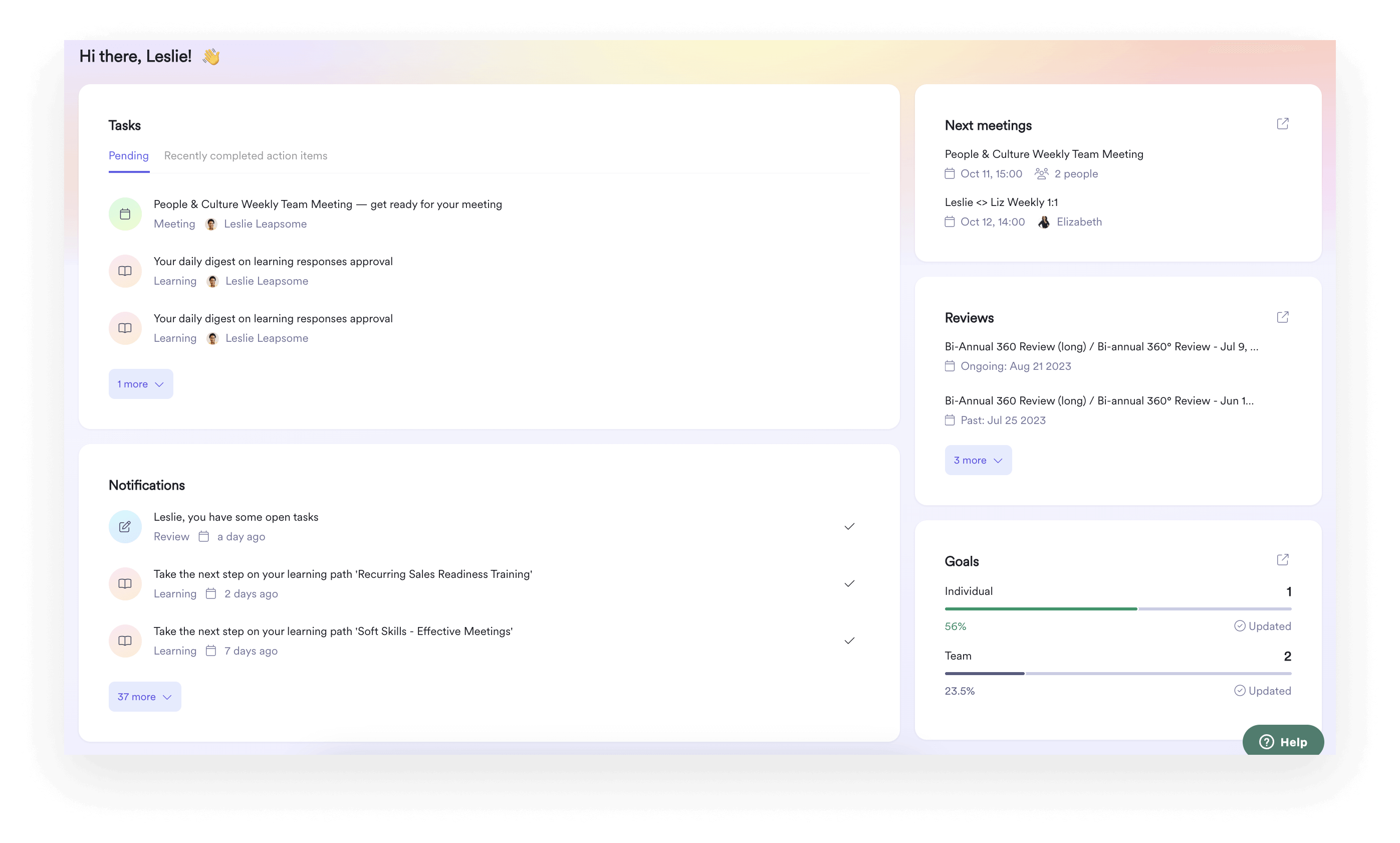 Screenshot einer Leapsome-Oberfläche mit einem Mitarbeiter-Dashboard.