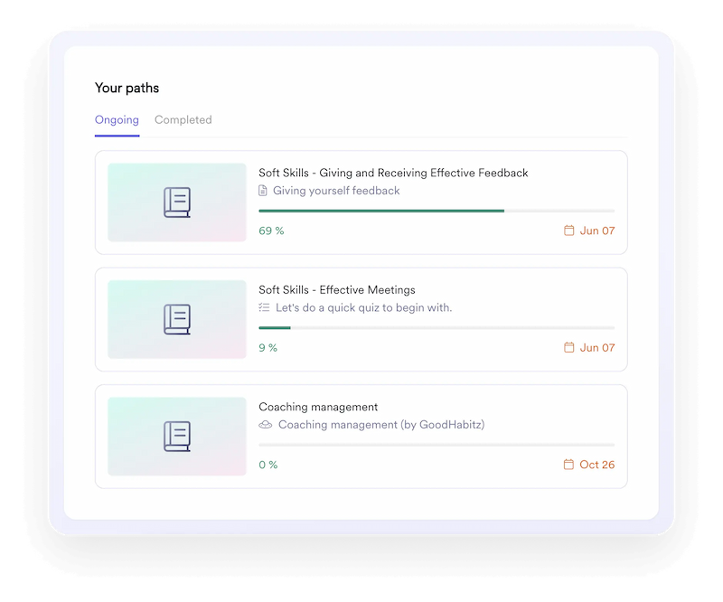 A screenshot of a Leapsome Learning dashboard displaying a variety of learning paths 