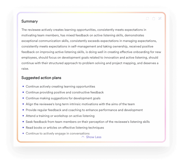 A screenshot from AI-generated performance review summaries and suggested action plans within Leapsome Reviews.