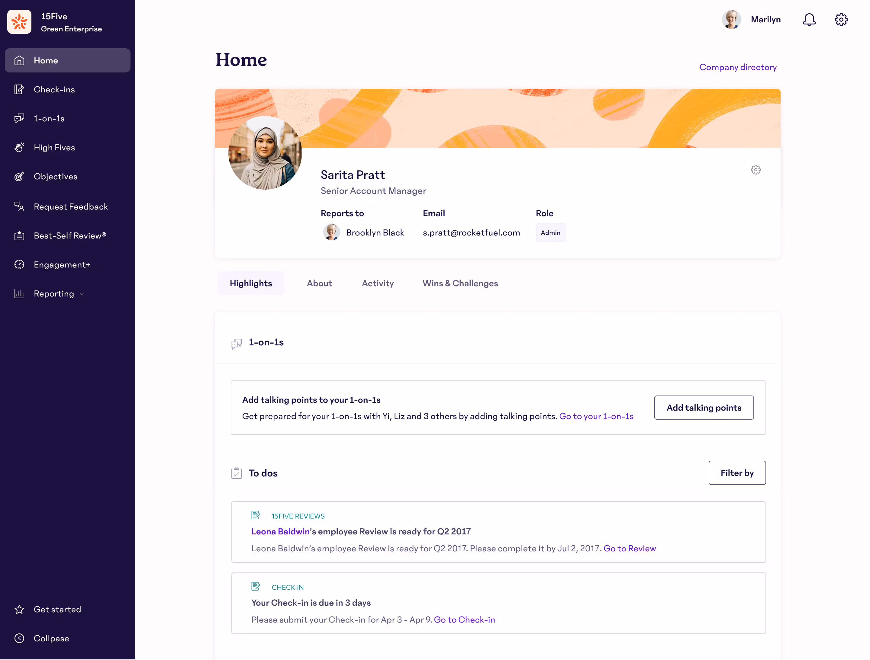 Screenshot of the 15Five performance management platform dashboard, showing 1-on-1s, to dos, and profile information.