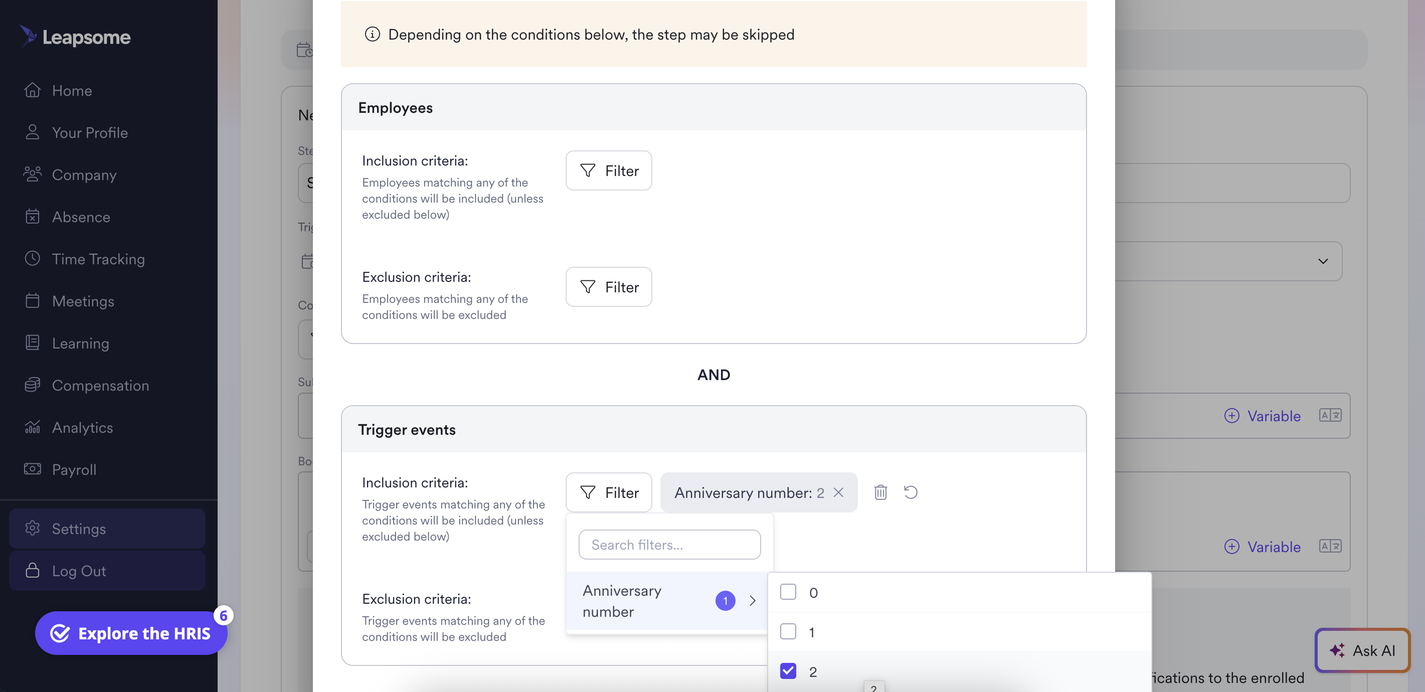 Screenshot der Leapsome Workflow-Konfiguration mit bedingten Schritten und Filter-Optionen.