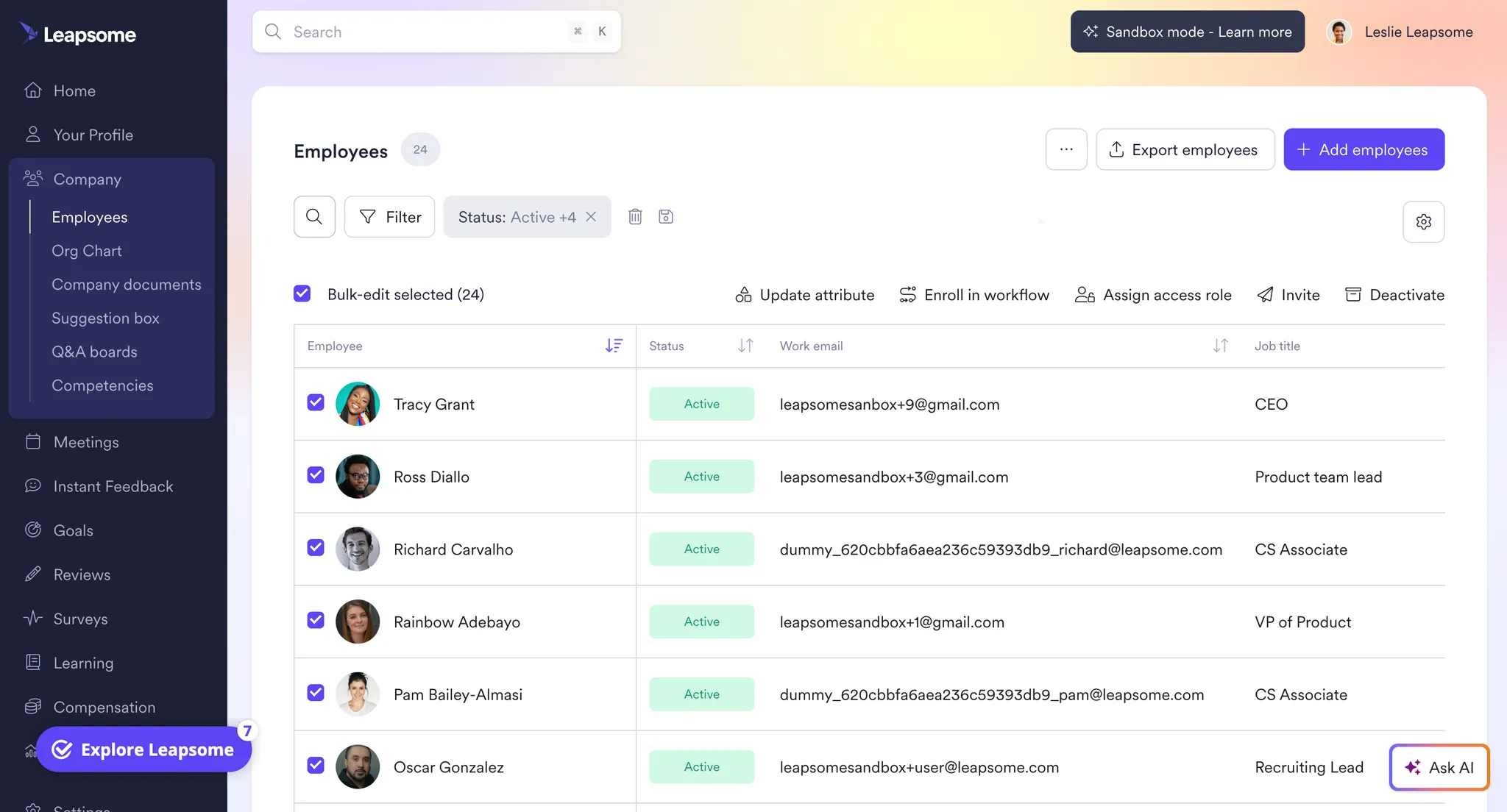 Screenshot der Leapsome HRIS-Einstellung für Bulk-Zuweisung von Zugriffsrollen an mehrere Mitarbeitende gleichzeitig.