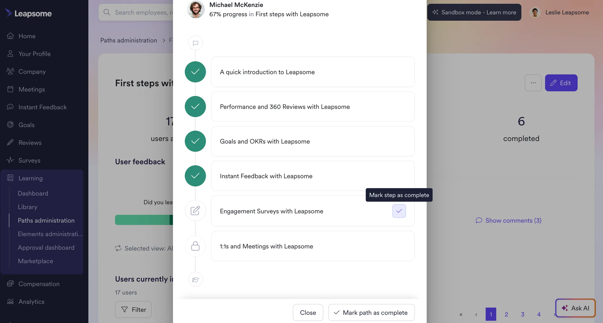 Screenshot des Leapsome Learning-Moduls mit Admin-Funktion zum Markieren einzelner Schritte als abgeschlossen.
