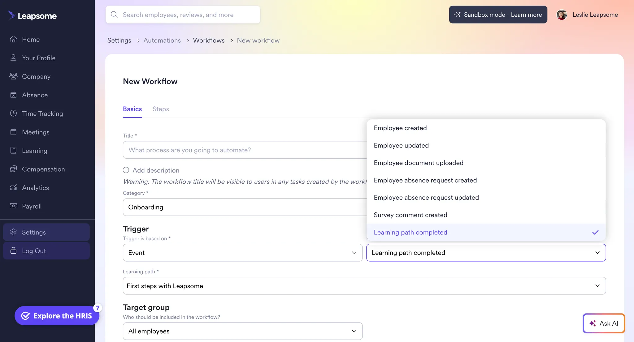 Screenshot der Leapsome Workflow-Konfiguration mit neuem Event-Trigger Learning Path abgeschlossen.