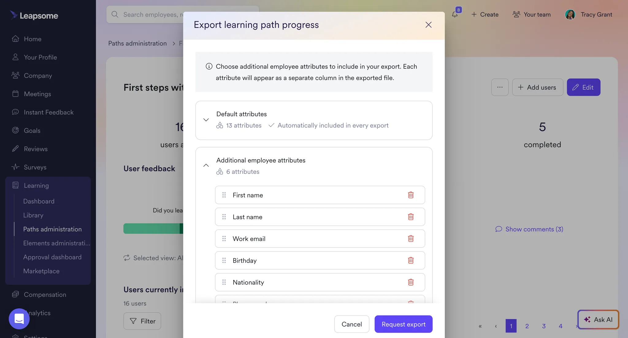 Screenshot der Leapsome Learning-Export-Optionen mit zusätzlichen User-Attributen wie Standort, Abteilung und Career Level.