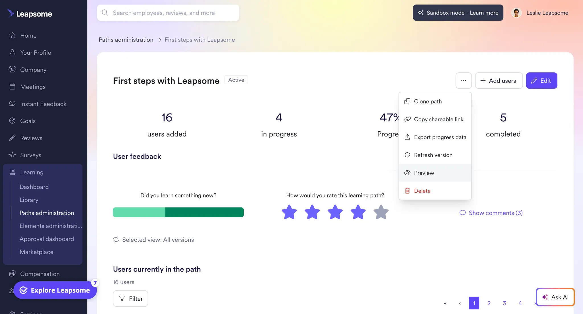 Screenshot der Learning-Path-Vorschau im Leapsome Learning-Modul für Admins vor der Veröffentlichung.