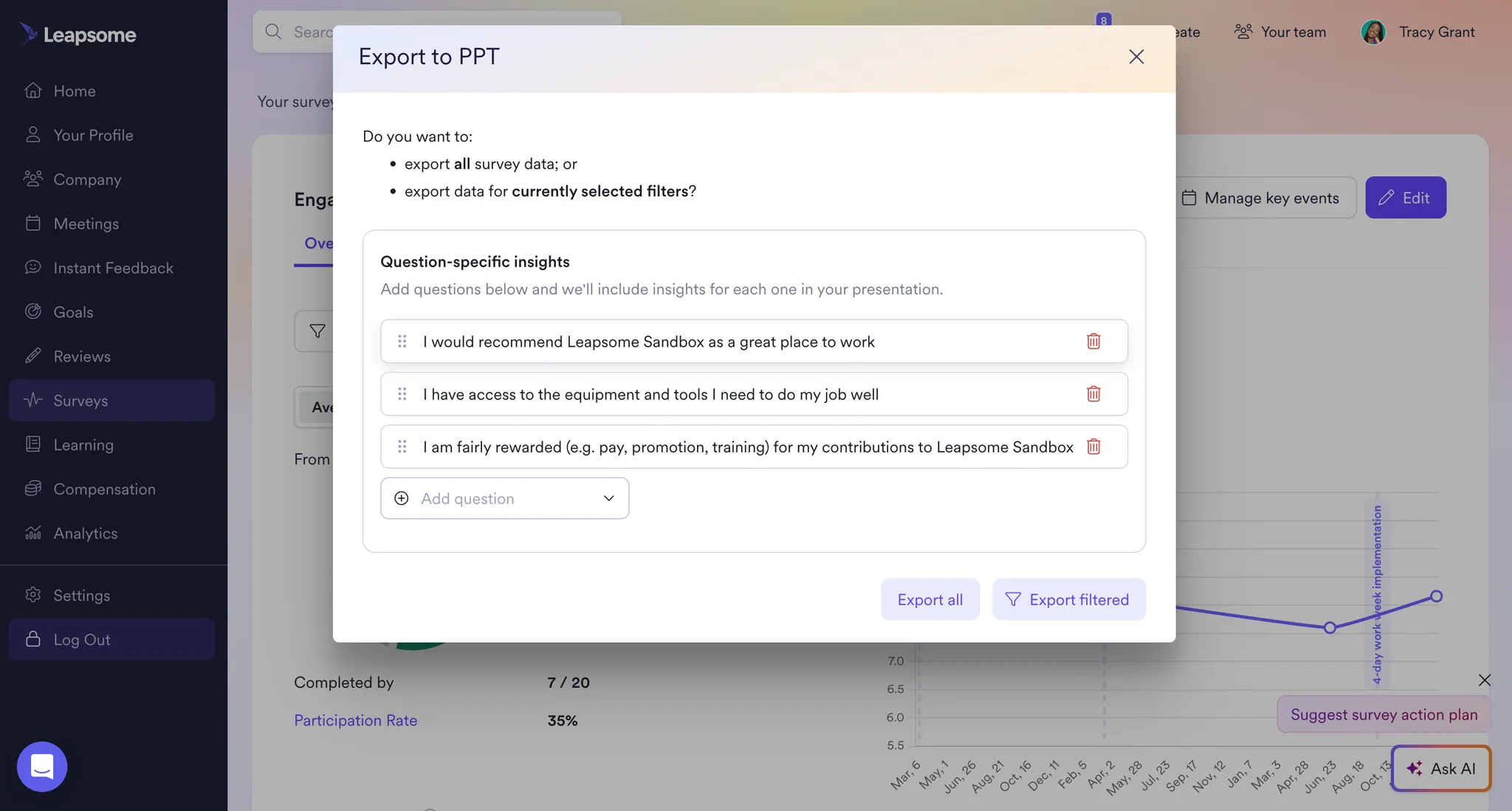 Screenshot des verbesserten PowerPoint-Exports im Leapsome Surveys-Modul mit Filter- und Auswahloptionen.