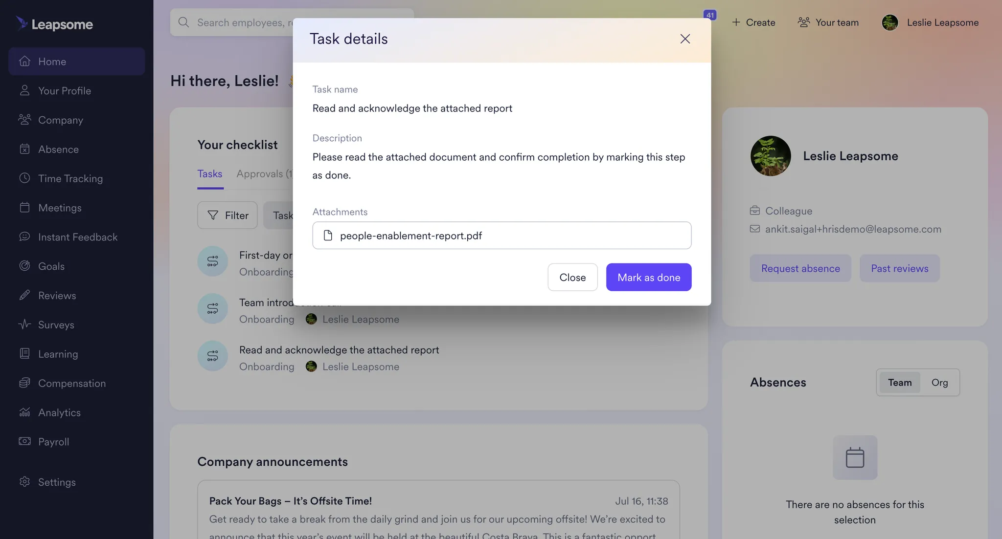 Screenshot from the Leapsome platform showing a task detail window for reading and acknowledging an attached PDF report titled ‘people-enablement-report.pdf’, with buttons to close or mark the task as done.
