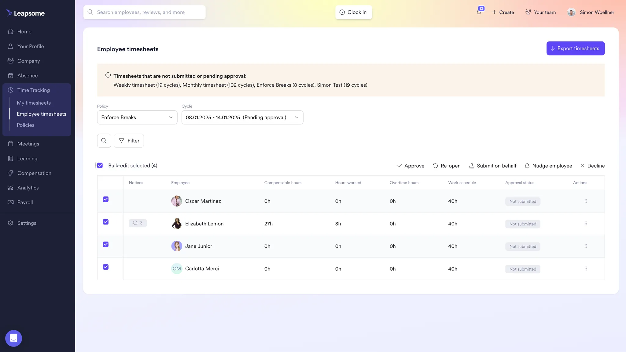 Screenshot from the Leapsome platform showing the ‘Employee timesheets’ view, with a list of selected employees and their hours logged, approval statuses, and options to approve, re-open, or submit timesheets on their behalf.