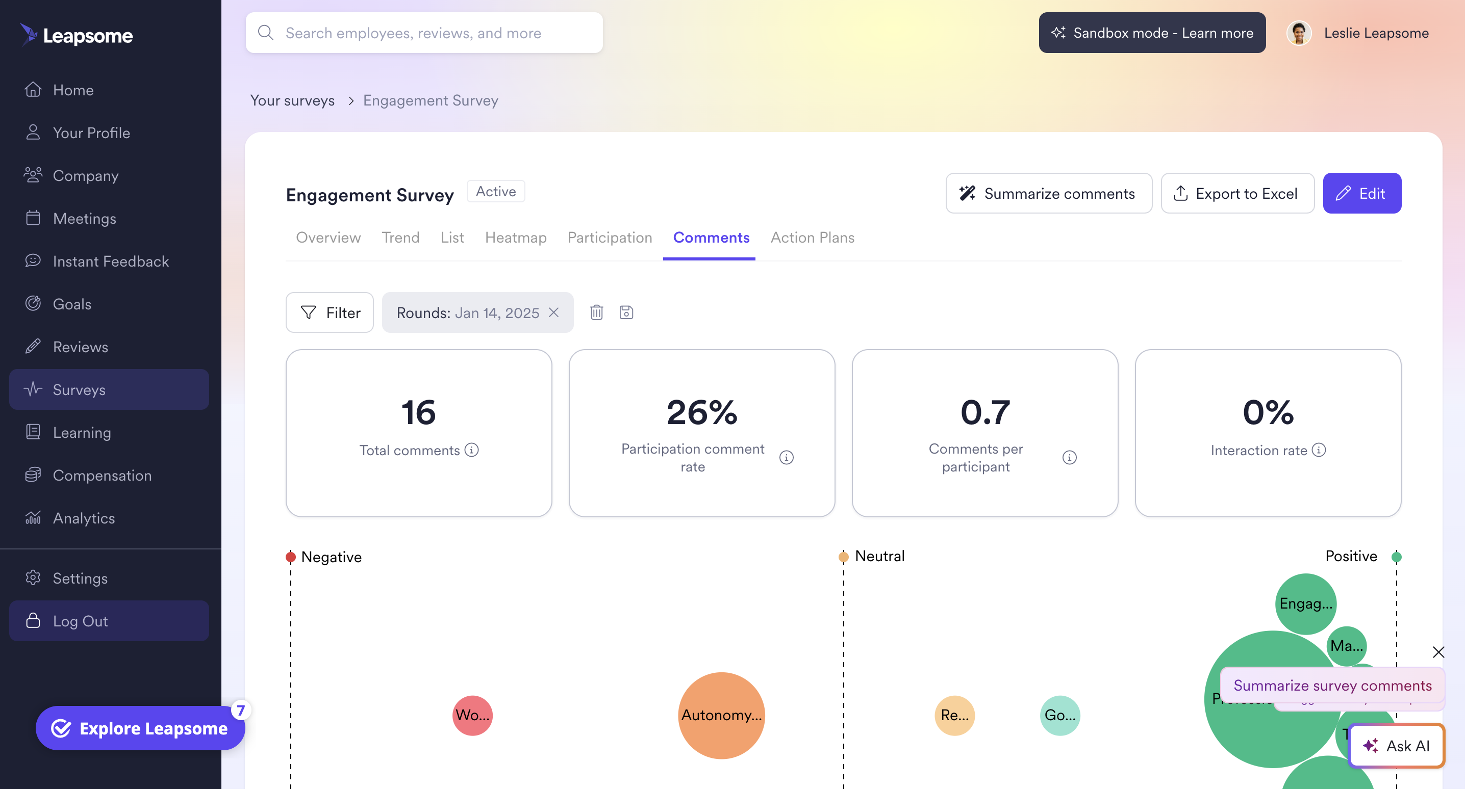 Screenshot from the Leapsome platform showing the ‘Comments’ tab of an Engagement Survey, with metrics like total comments, participation rate, and a sentiment chart visualizing comment distribution from negative to positive.
