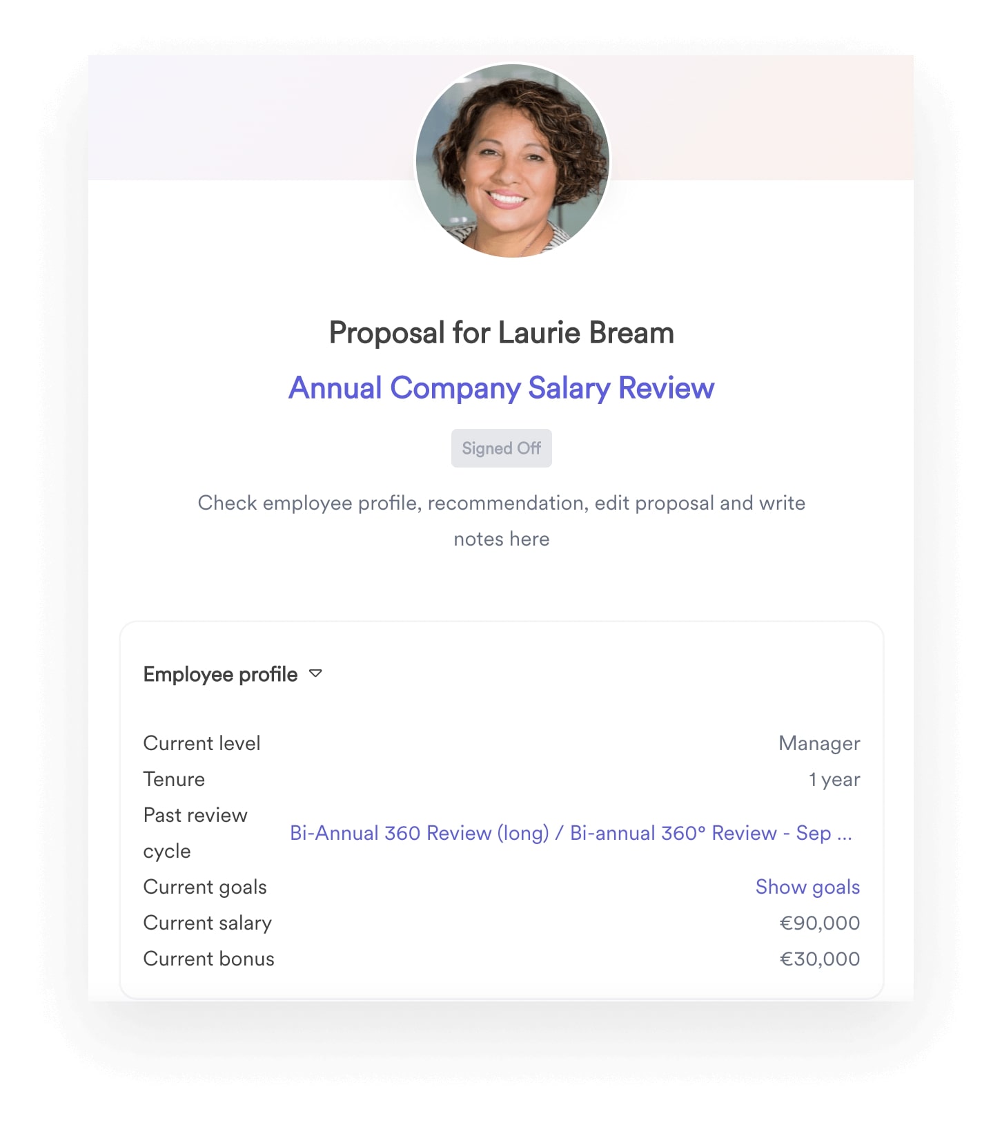 A screenshot of a compensation review proposal within Leapsome Compensation.