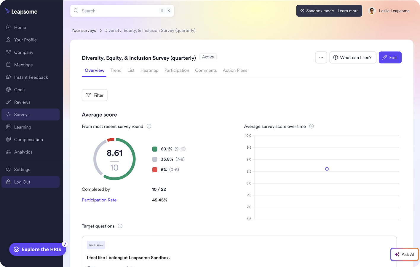 A screenshot of a diversity, equity, and inclusion survey interface within Leapsome Surveys.