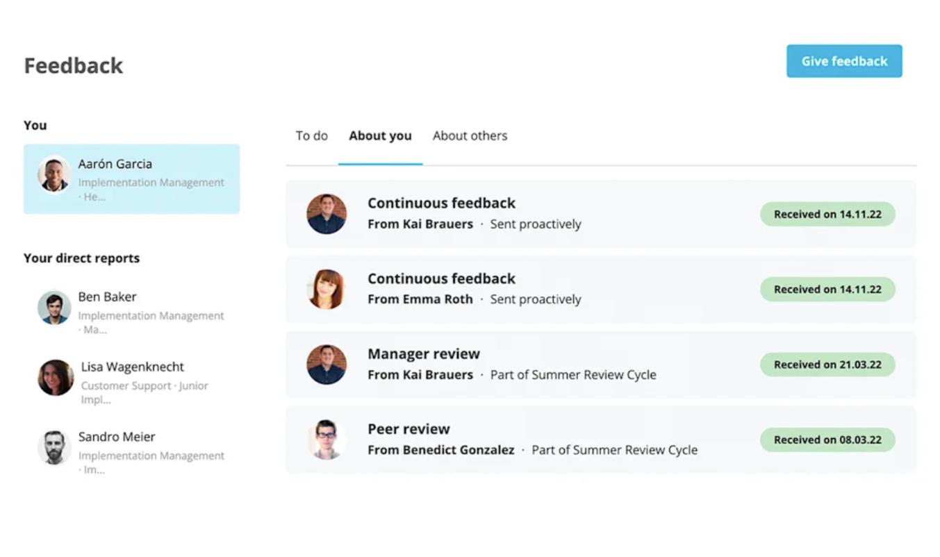 A screenshot showing how notifications to complete peer and manager reviews appear in Personio.