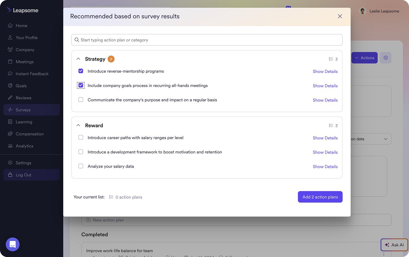 HR Change Management – Leapsome AI recommendations based on survey results