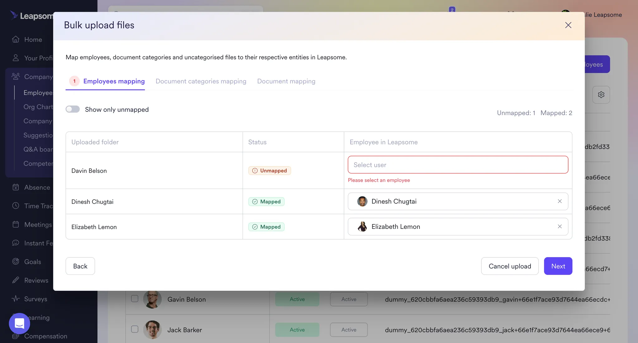 Screenshot of Leapsome’s bulk upload interface showing employee file mapping with unmapped and mapped entries.