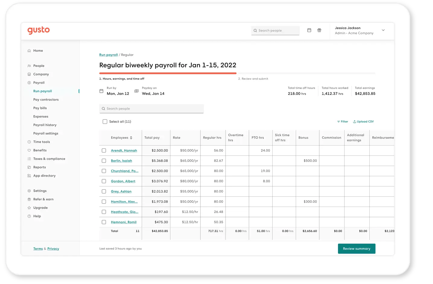Screenshot of Gusto payroll processing interface with tax calculations and benefits administration dashboard