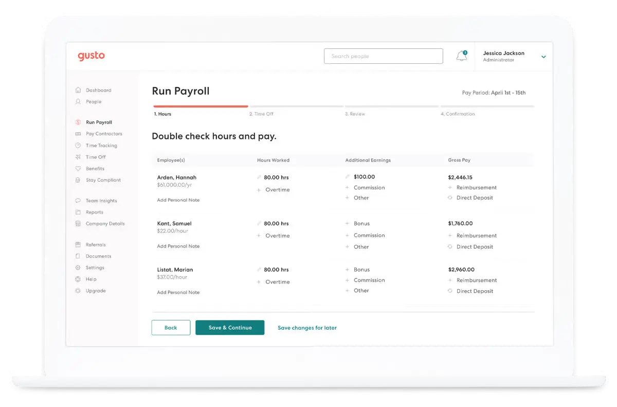 Screenshot of the Run Payroll feature in Gusto's HR software.