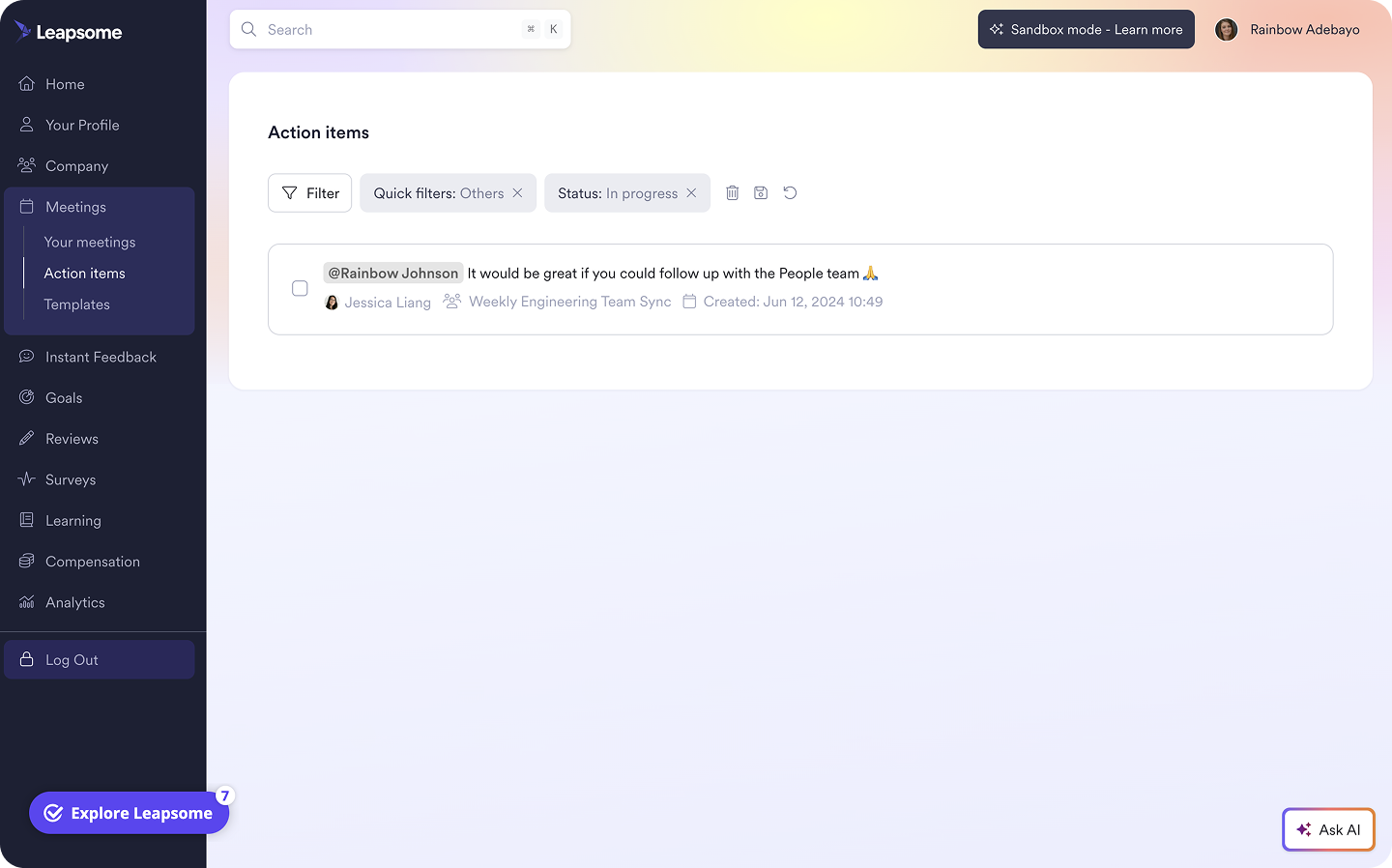 A screenshot of the action items interface from Leapsome’s Meetings module.