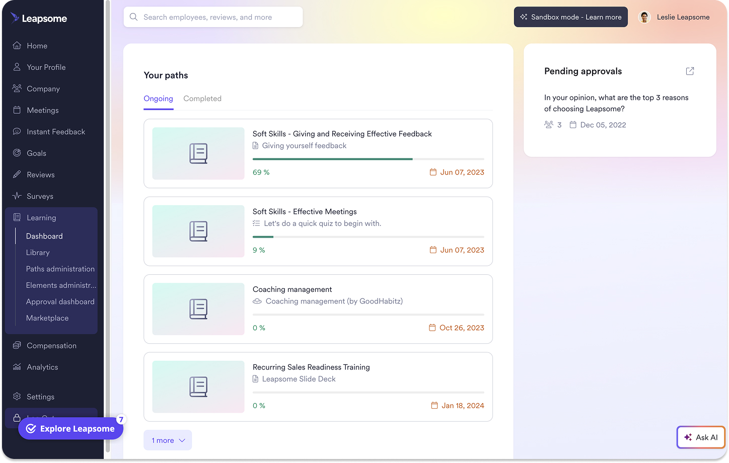 A screenshot of Leapsome’s Feedback Learning Path.