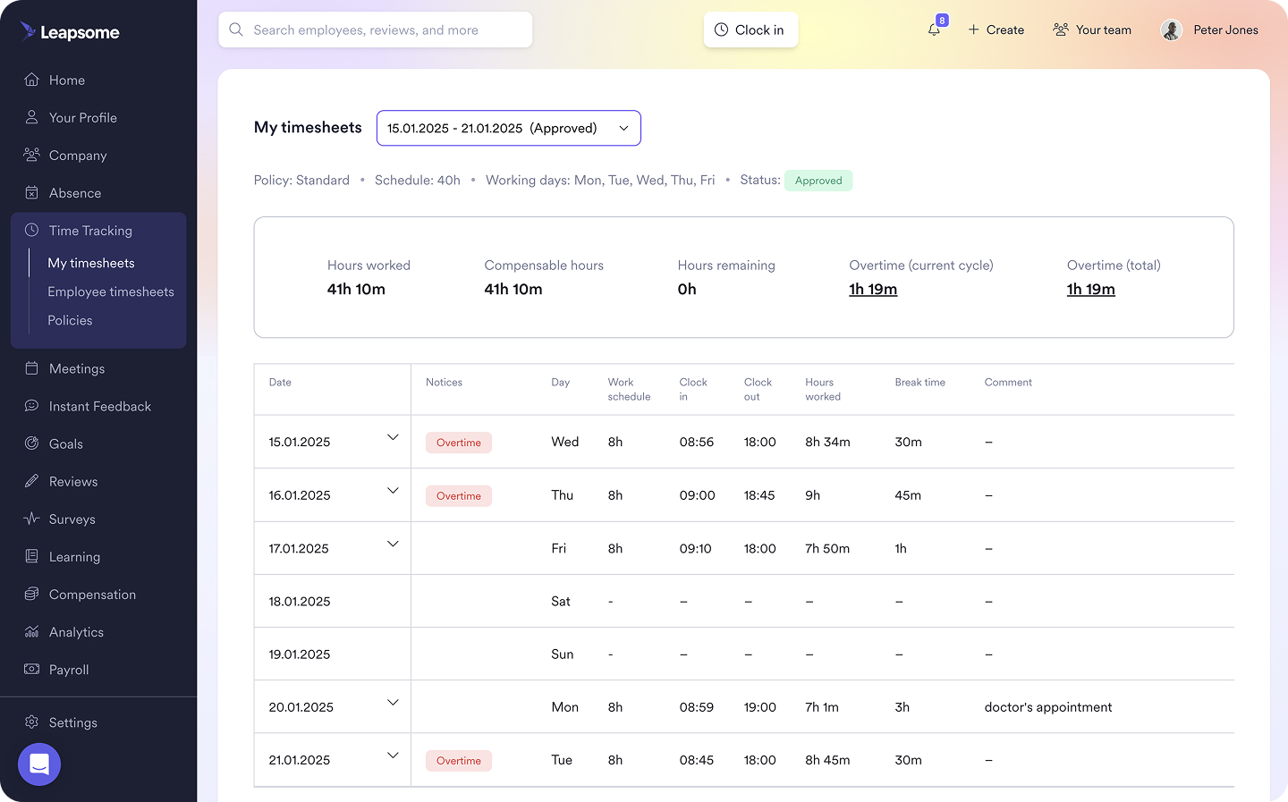 A screenshot of Leapsome's time tracking dashboard