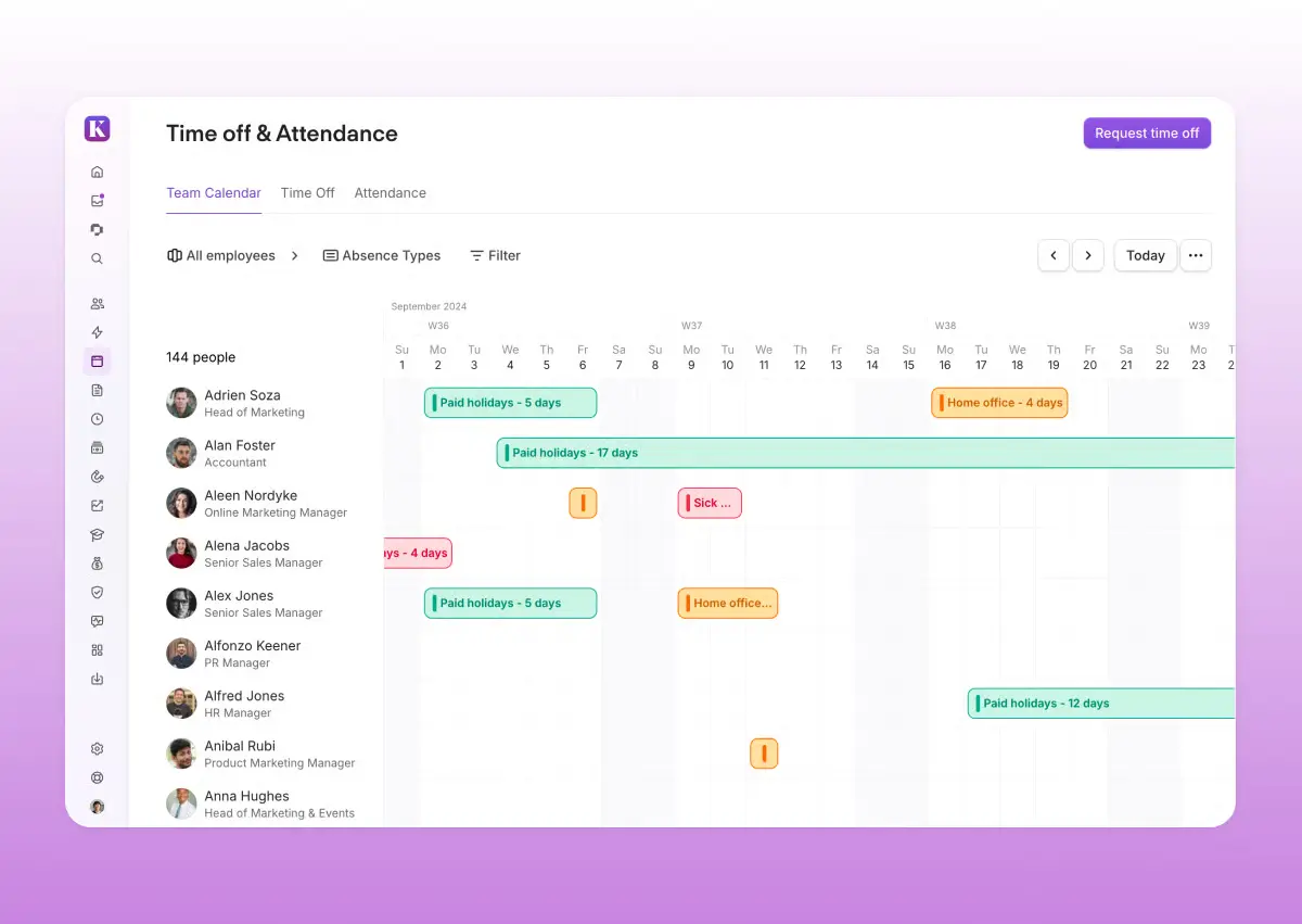 Product image screenshot of the Personio Time off & Attendance dashboard.