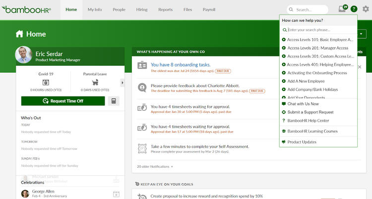 A screenshot of BambooHR's dashboard interface