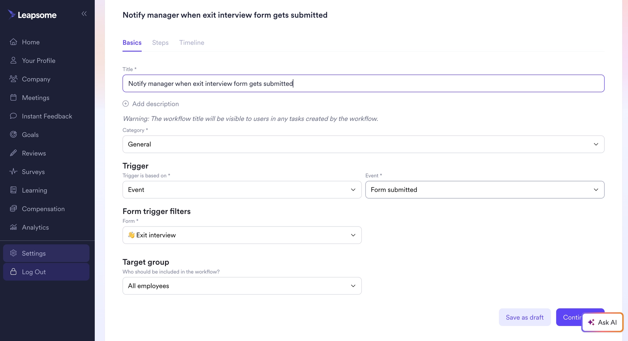 Screenshot des Workflows-Moduls in Leapsome mit einer Workflow-Konfiguration, die eine Benachrichtigung an eine Führungskraft auslöst, wenn ein Exit-Interview-Formular eingereicht wird.