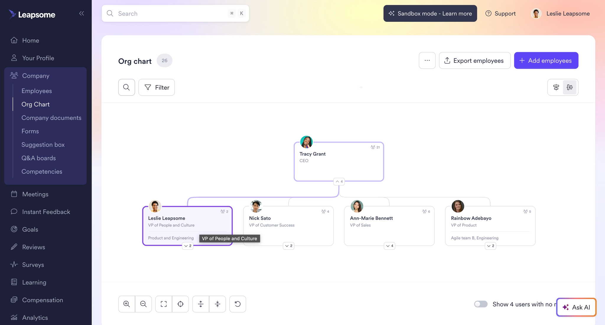 Screenshot des Organigramm-Moduls in Leapsome mit der Unternehmenshierarchie und Berichtslinien von der CEO zu Abteilungsleiterinnen und Abteilungsleitern sowie ihren Teams.