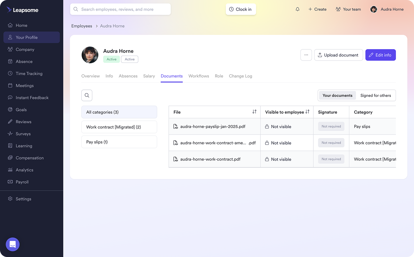 A screenshot of Leapsome’s “Employees” tab, displaying a table with contract and payslip files.