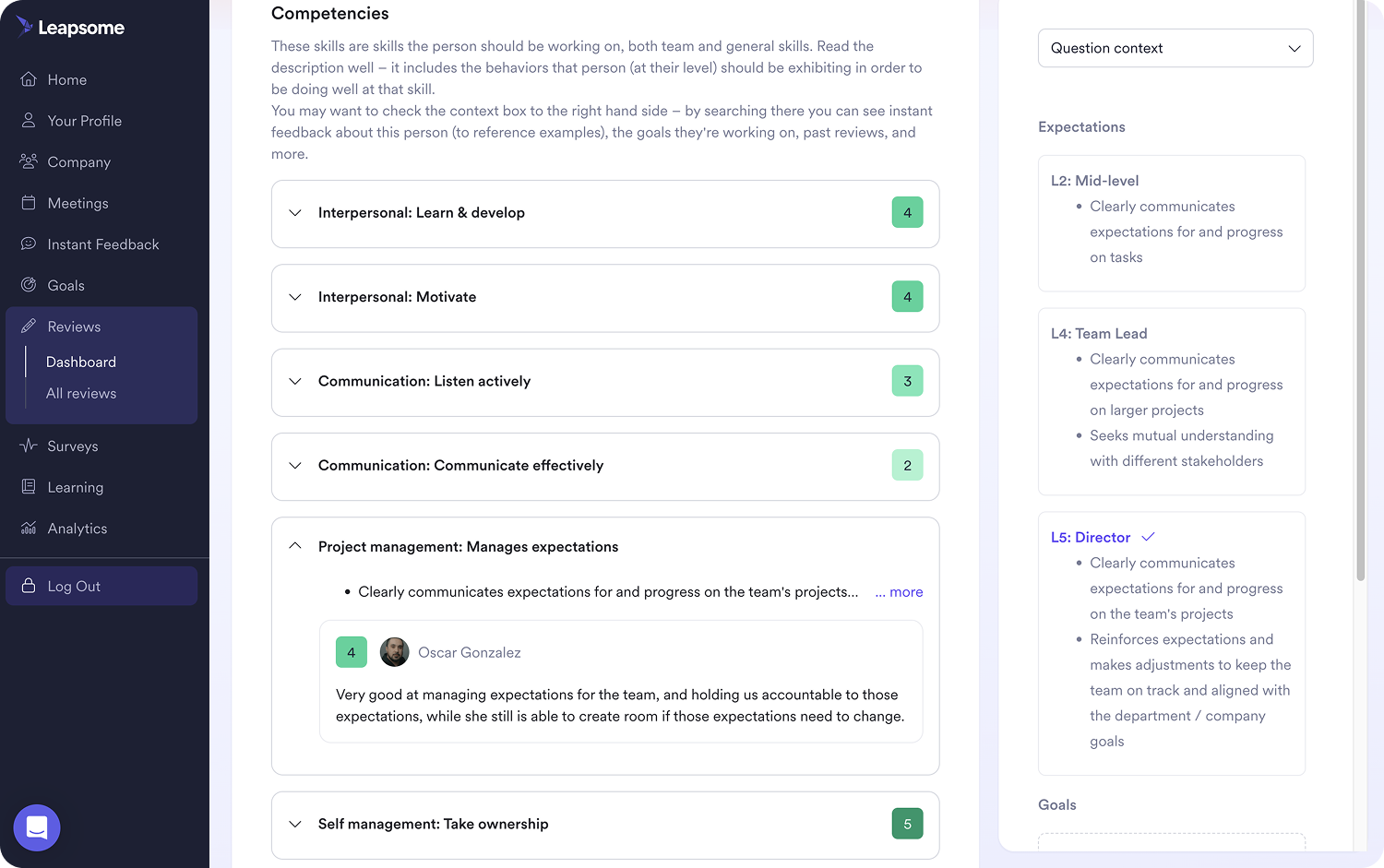 Leapsome’s Performance Reviews screen, showing data like employee competencies and manager ratings.