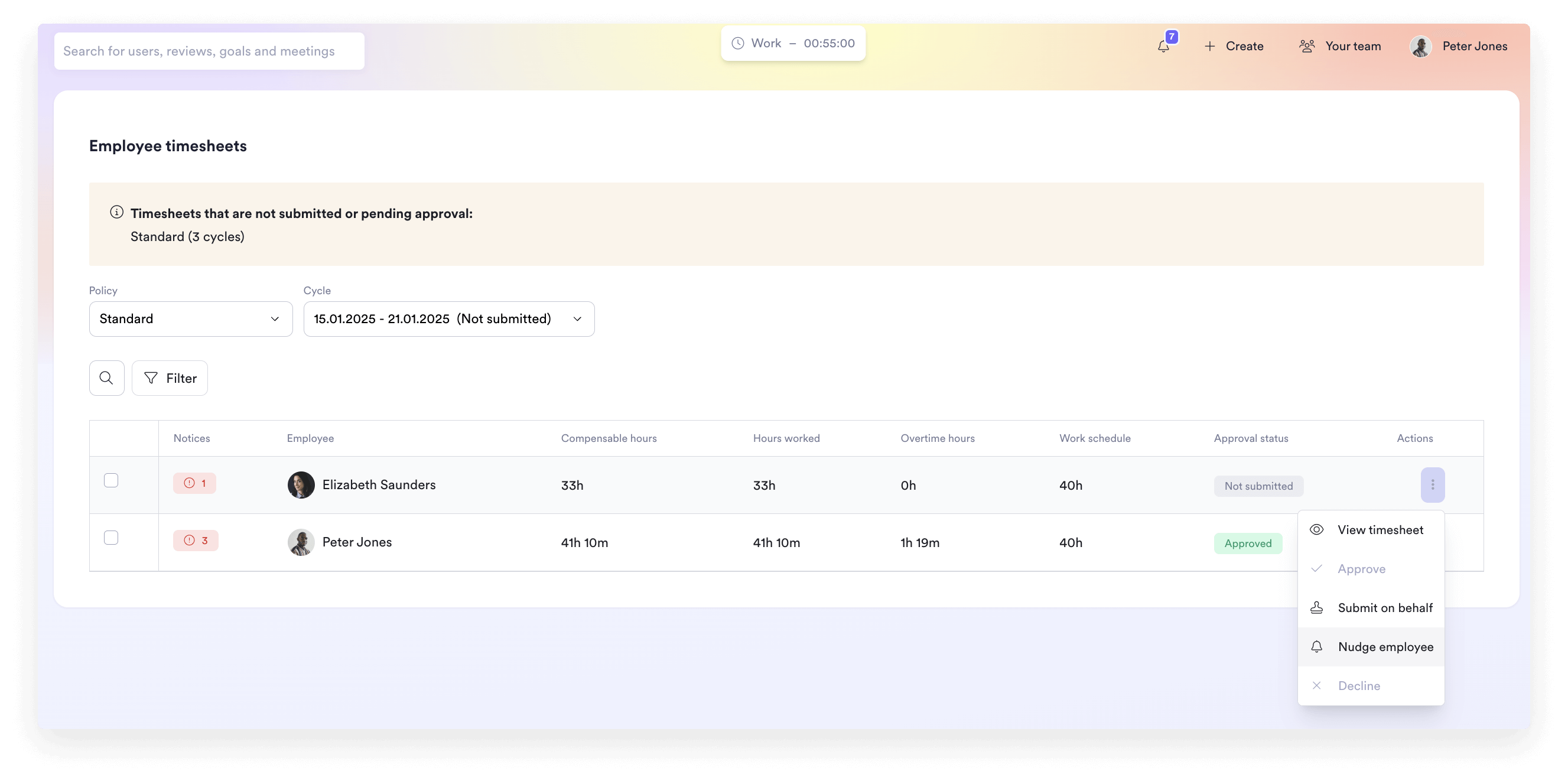 A digital timesheet interface displaying an employee's approved work hours for the week, including hours worked, compensable hours, overtime, and break times.