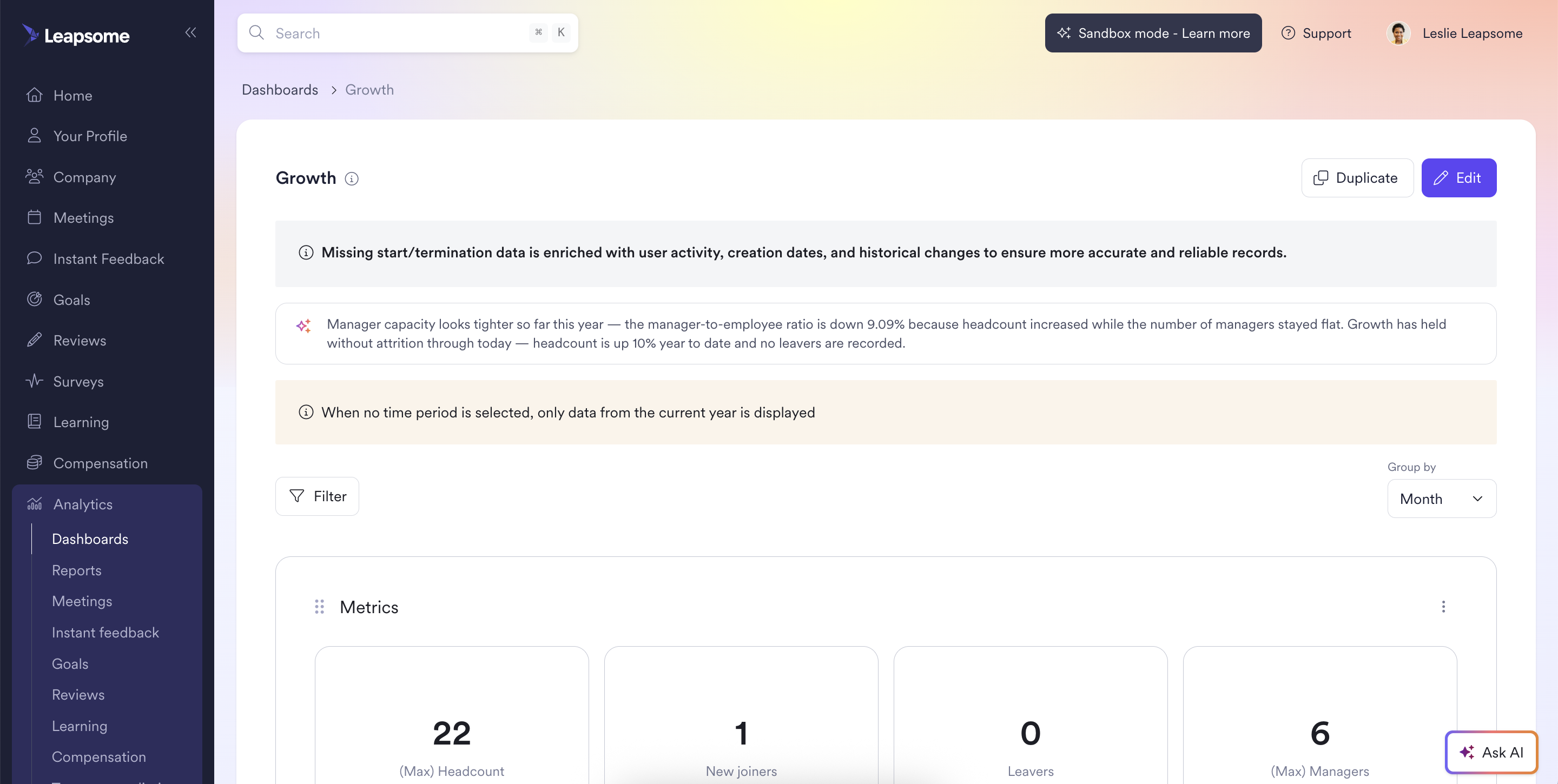 Leapsome's Growth analytics dashboard displaying AI-generated workforce insights, including headcount metrics and a manager capacity alert showing a 9.09% drop in the manager-to-employee ratio.