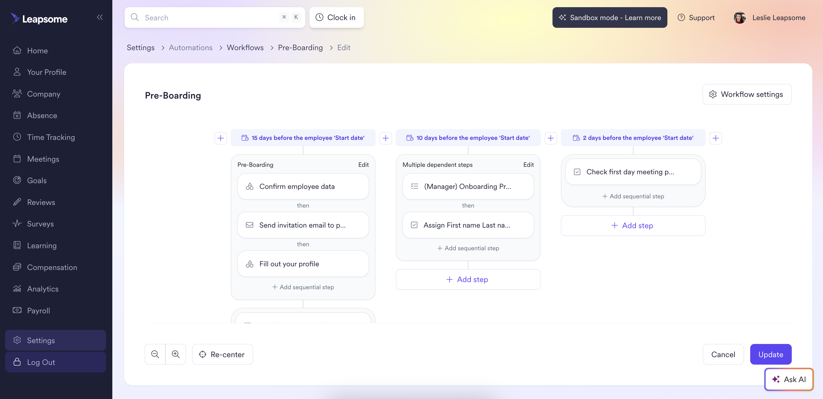 Leapsome's pre-boarding workflow editor showing a timeline of automated steps triggered 15, 10, and 2 days before an employee's start date, including confirming data, sending invitation emails, and scheduling first-day meetings.