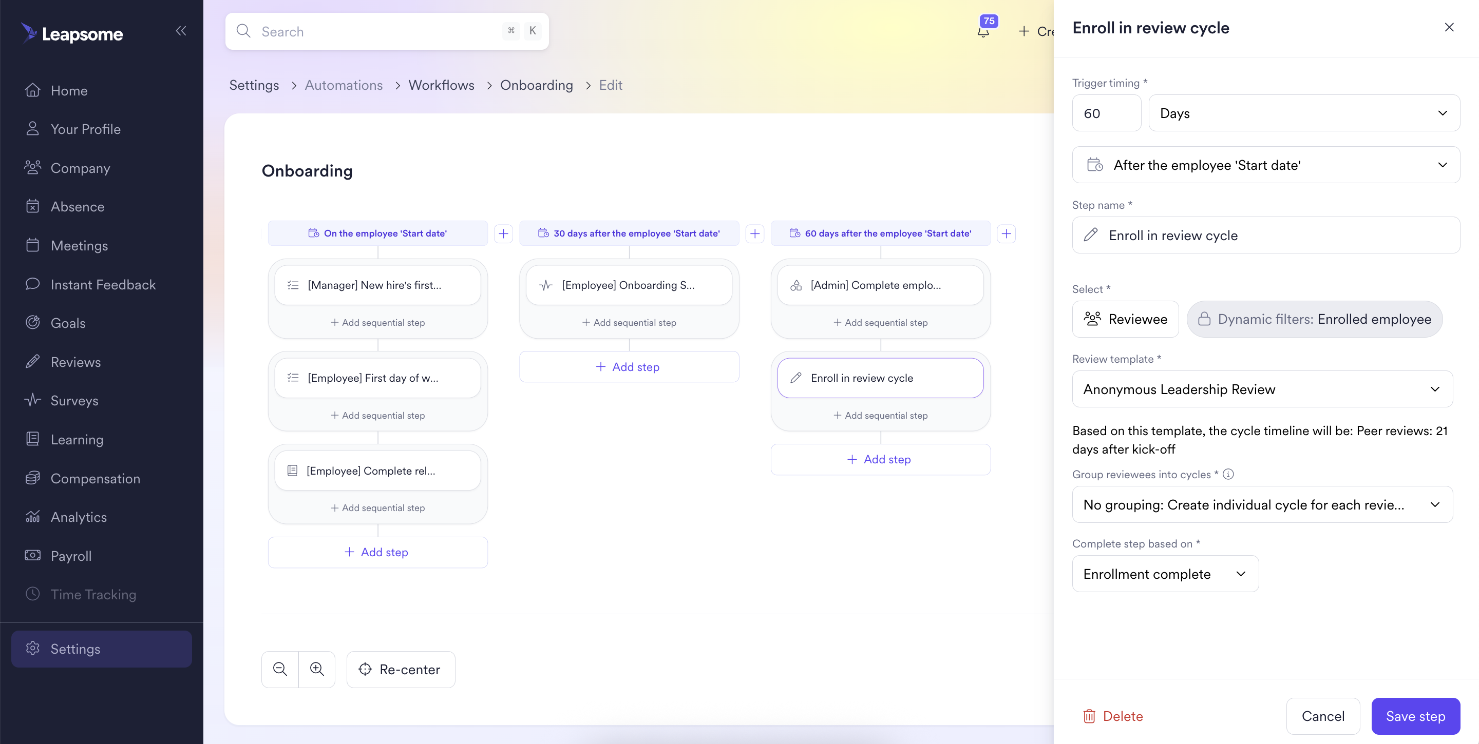 Leapsome's onboarding workflow editor showing automated steps triggered on, 30, and 60 days after an employee's start date, with a side panel configuring an 'Enroll in review cycle' step using an Anonymous Leadership Review template.