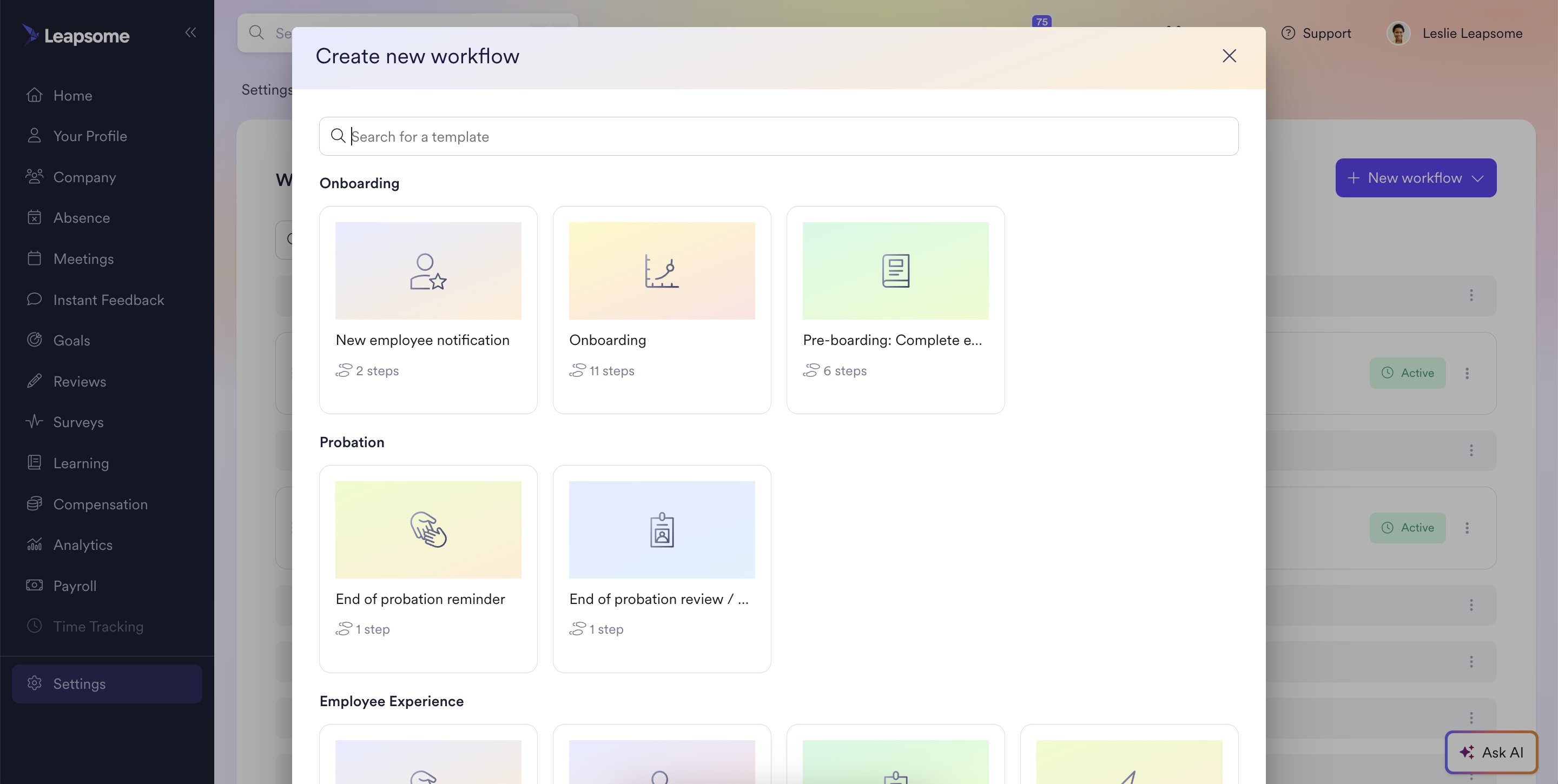 Leapsome's 'Create new workflow' modal displaying a template library with pre-built workflow options grouped by category, including onboarding, probation, and employee experience templates.