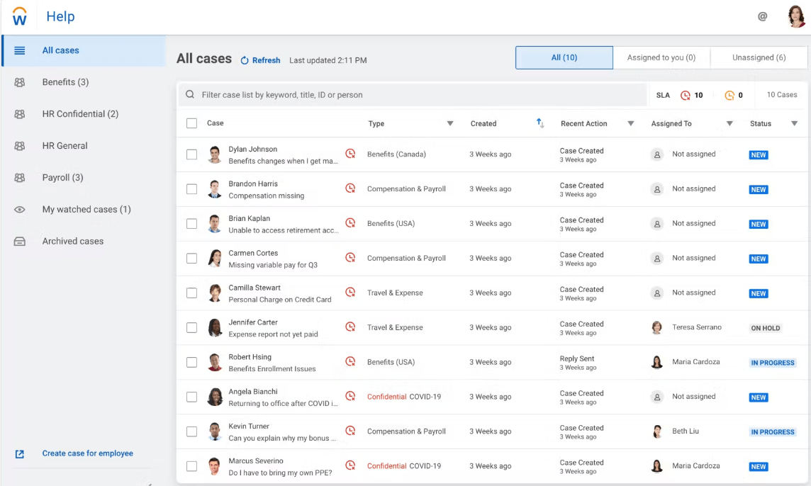 Screenshot einer Case-Management-Oberfläche in Workday.