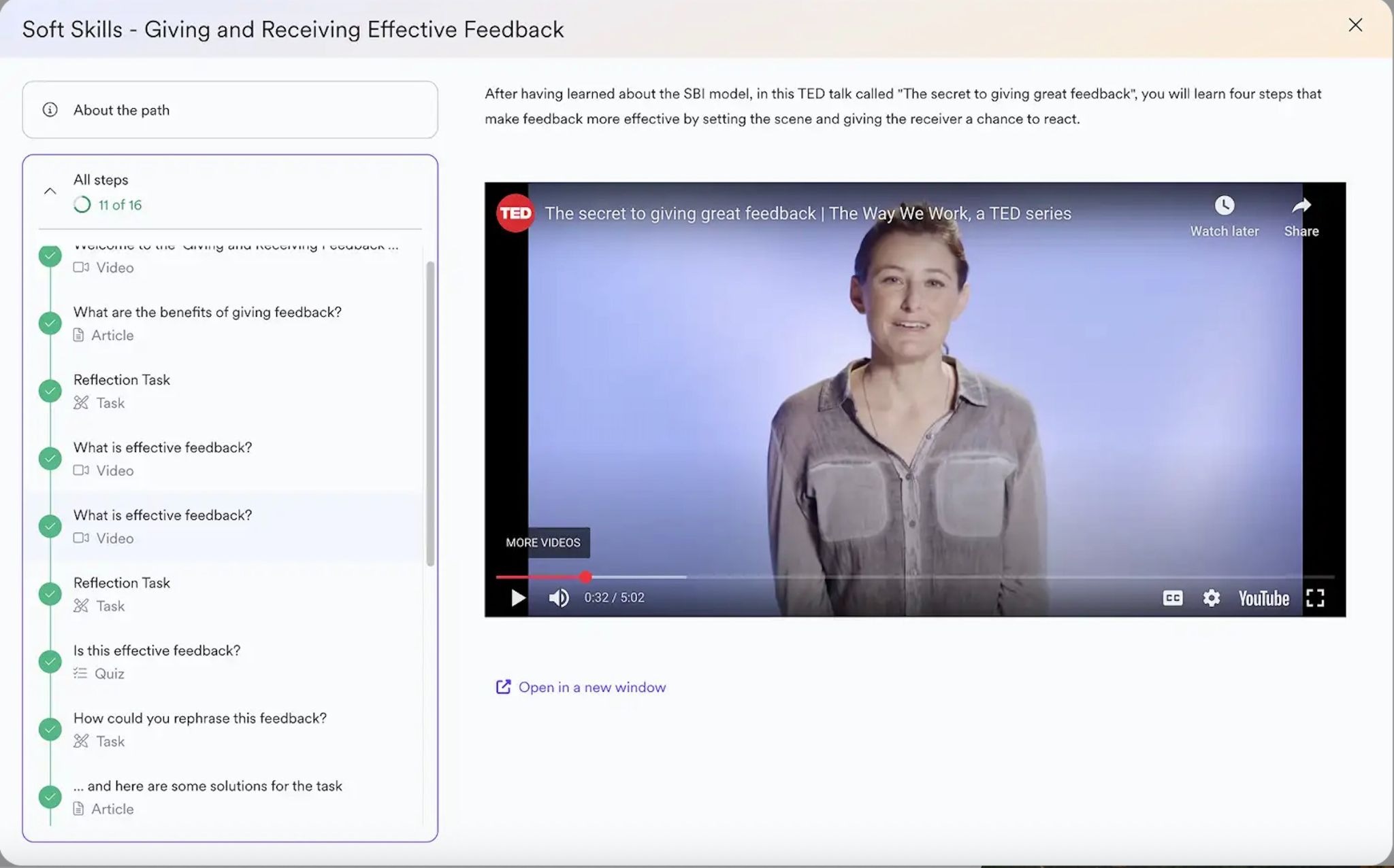 A Leapsome learning interface on soft skills, showing a TedTalk about giving great feedback.