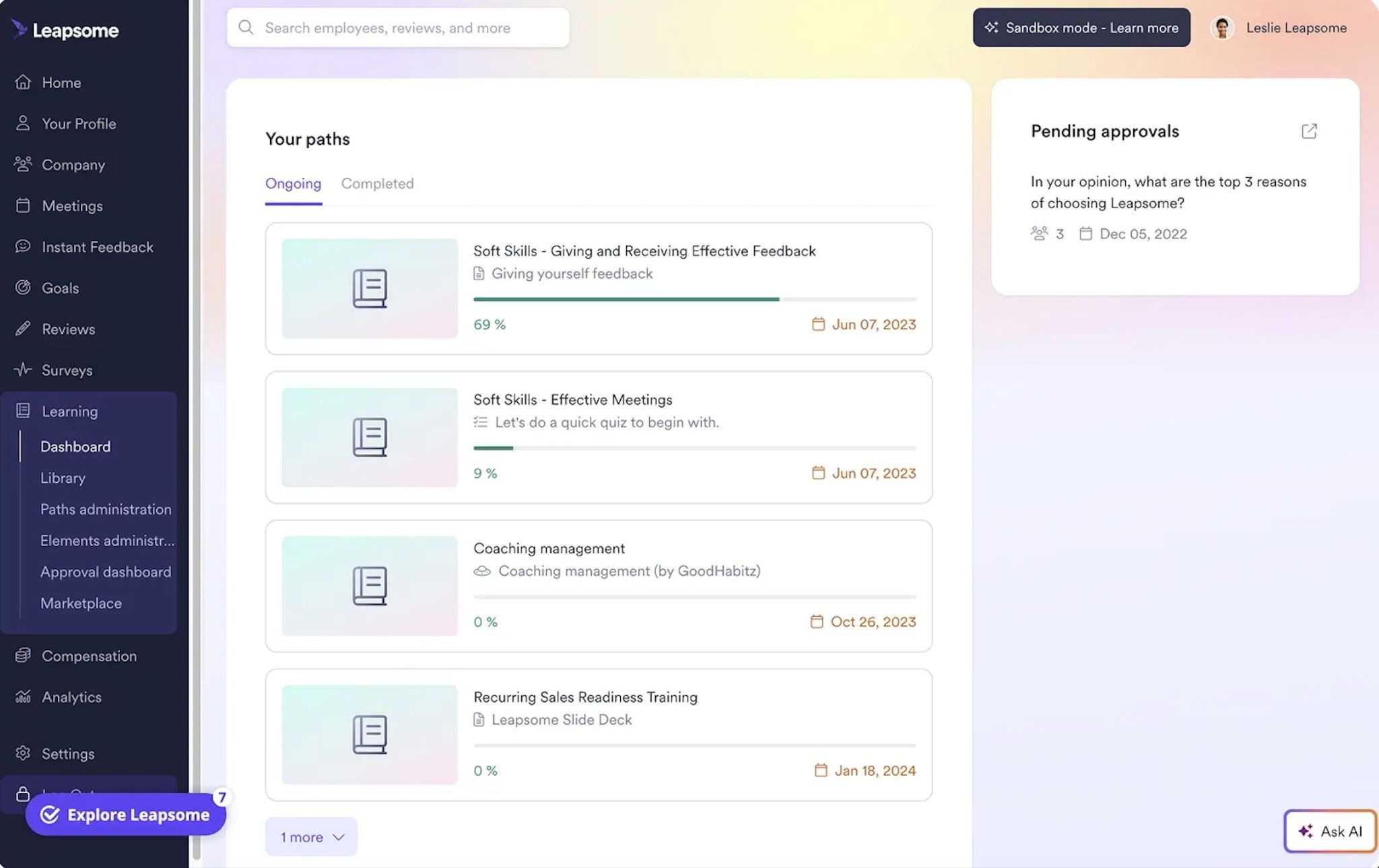 Leapsome’s Learning Dashboard showing a user’s ongoing “Soft Skills” course with progress percentages on different sections.