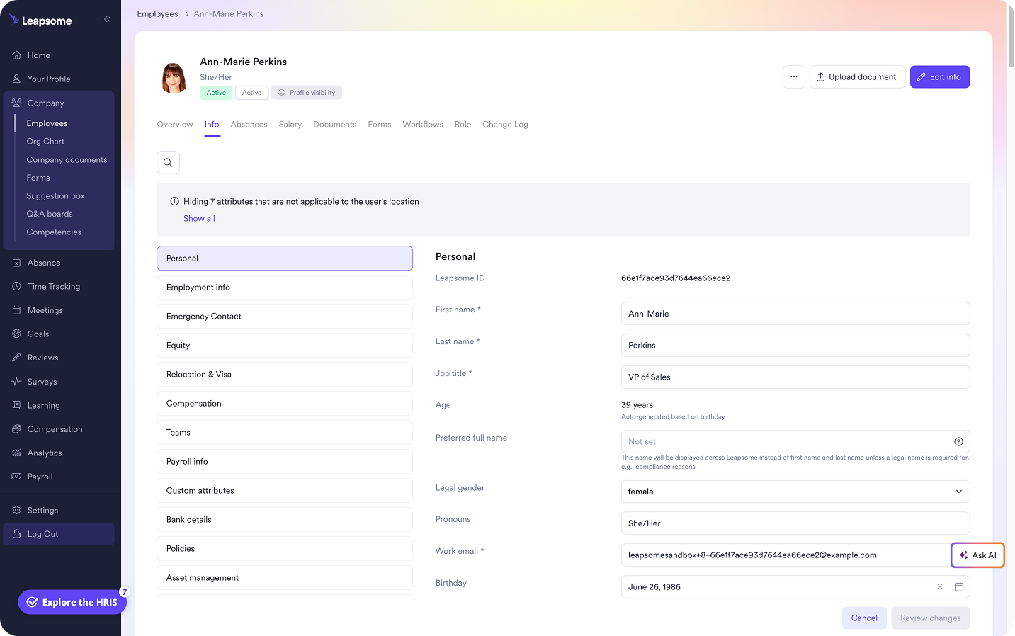 Leapsome’s Employee Records screen showing an employee profile with editable personal and employment fields.